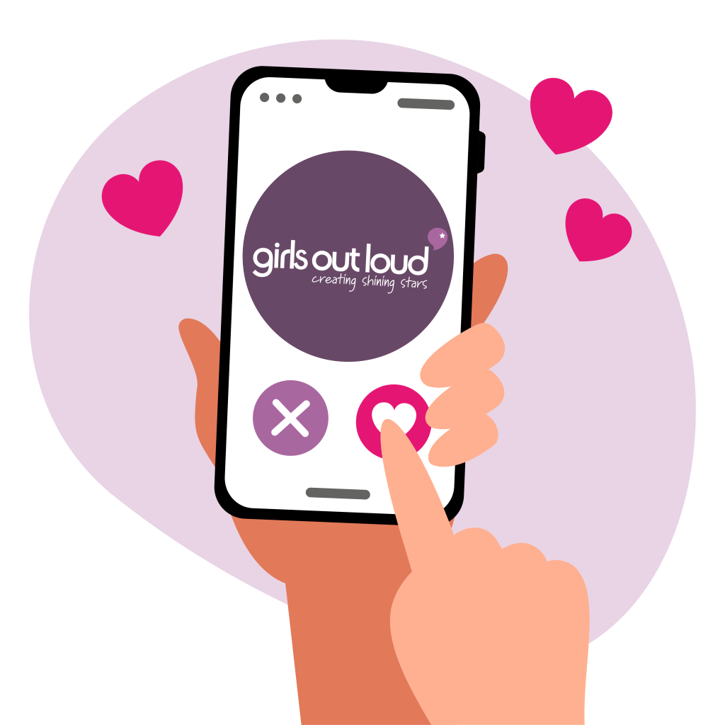 Illustration of a hand holding a mobile phone and pressing a heart to show they 'love' Girls Out Loud